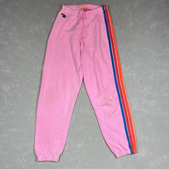Aviator Nation 5 Stripe Sweatpants Women’s Small Neon Pink Joggers Embroidered - Picture 1 of 14